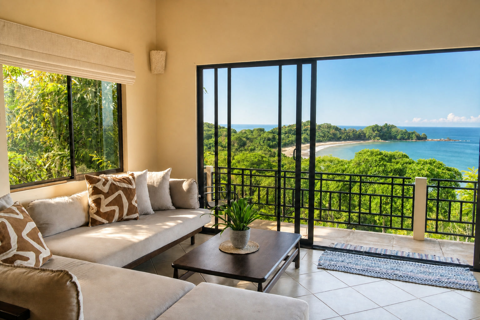 The warm Casa Calma lounge opening onto the rainforest and Pacific Ocean in Dominicalito, Costa Rica